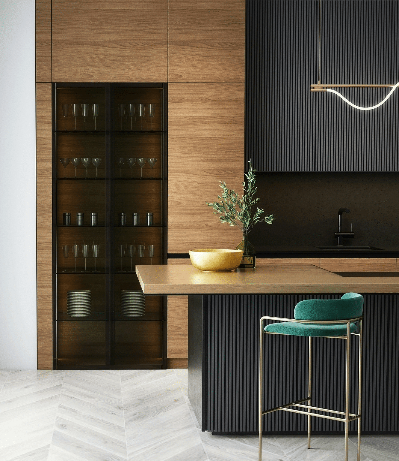 Dark kitchen with walnut island and glass display cabinets