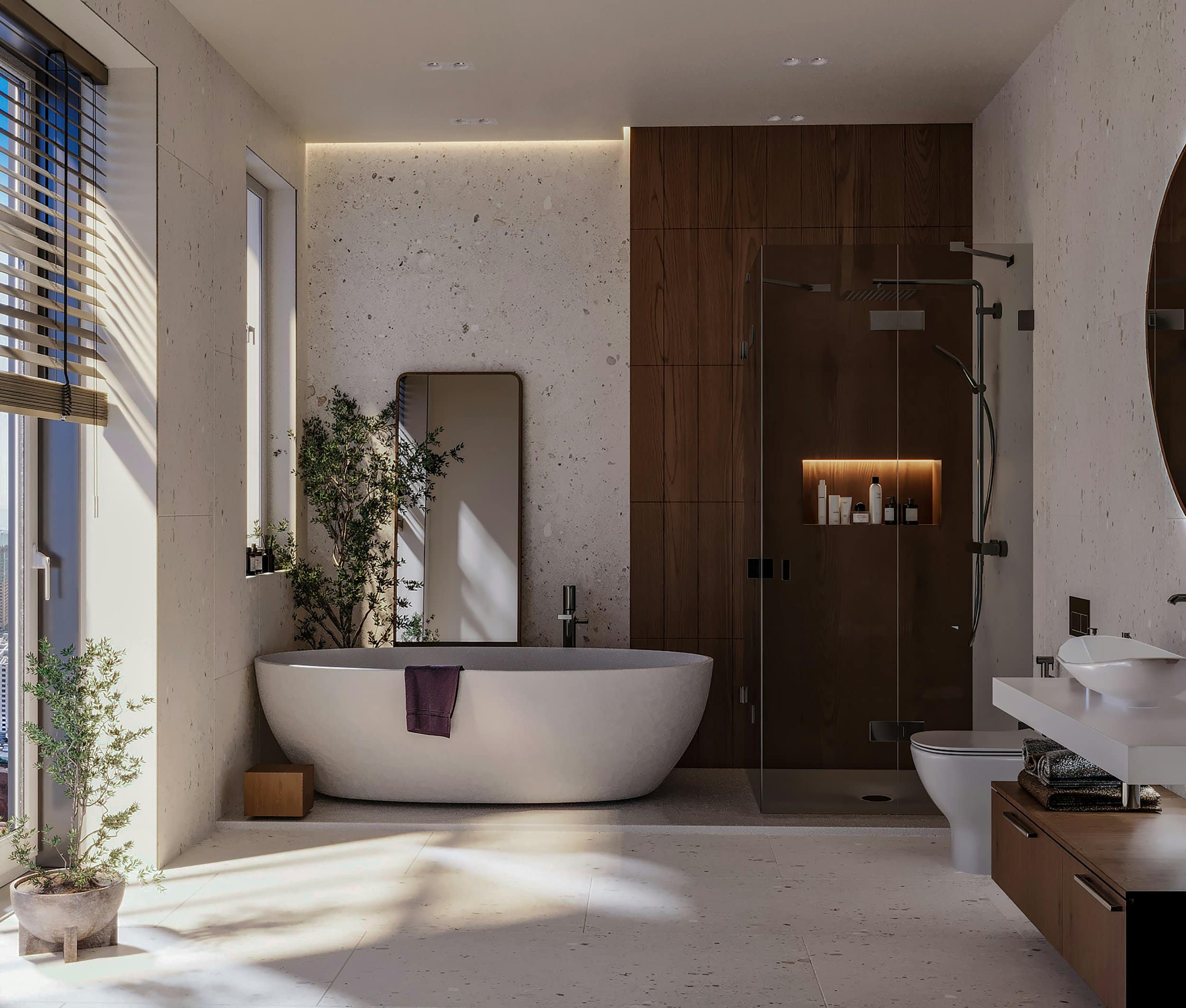 Modern bathroom with freestanding bathtub and walk-in shower