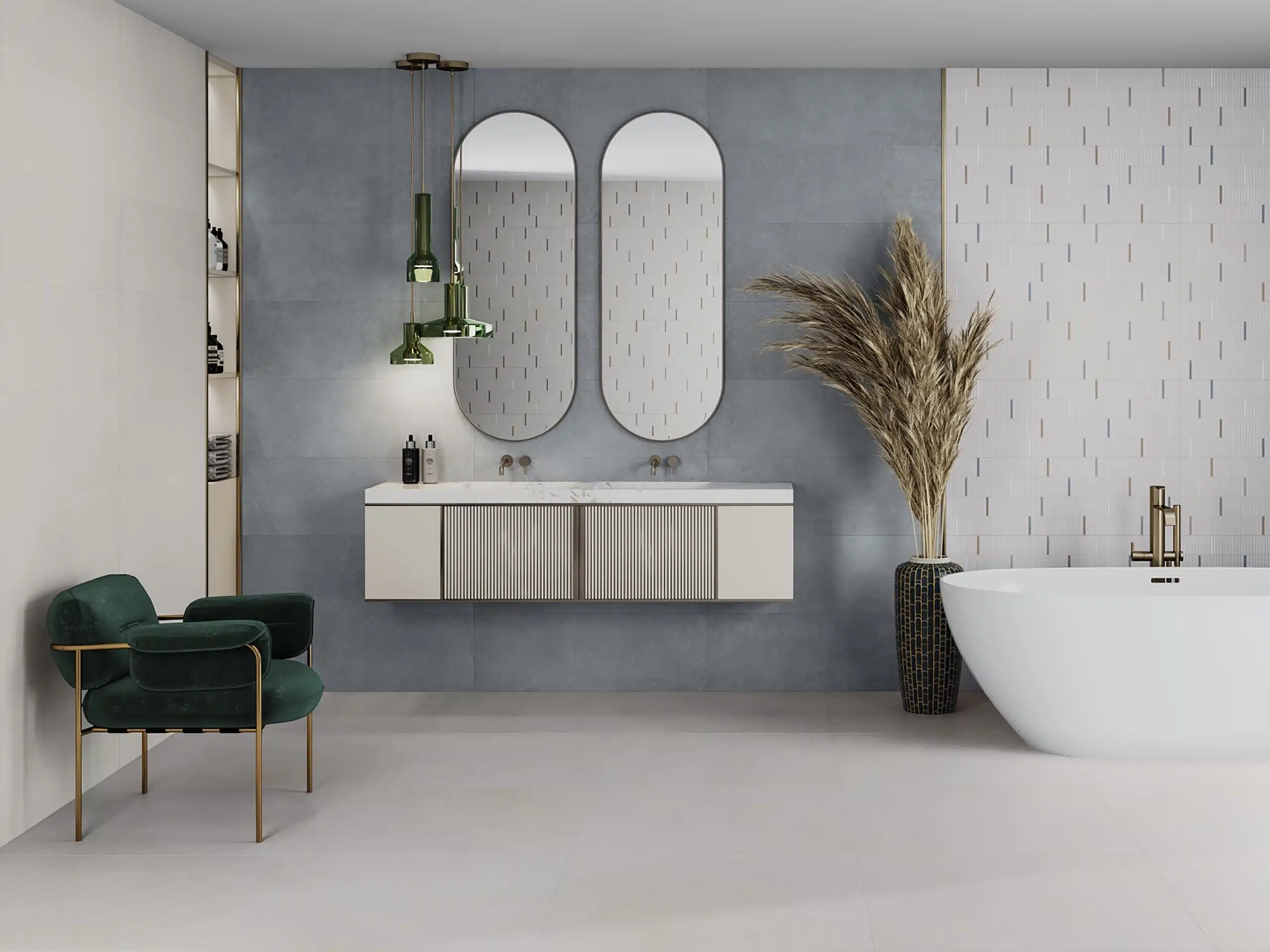 Bathroom with double vanity and freestanding bathtub