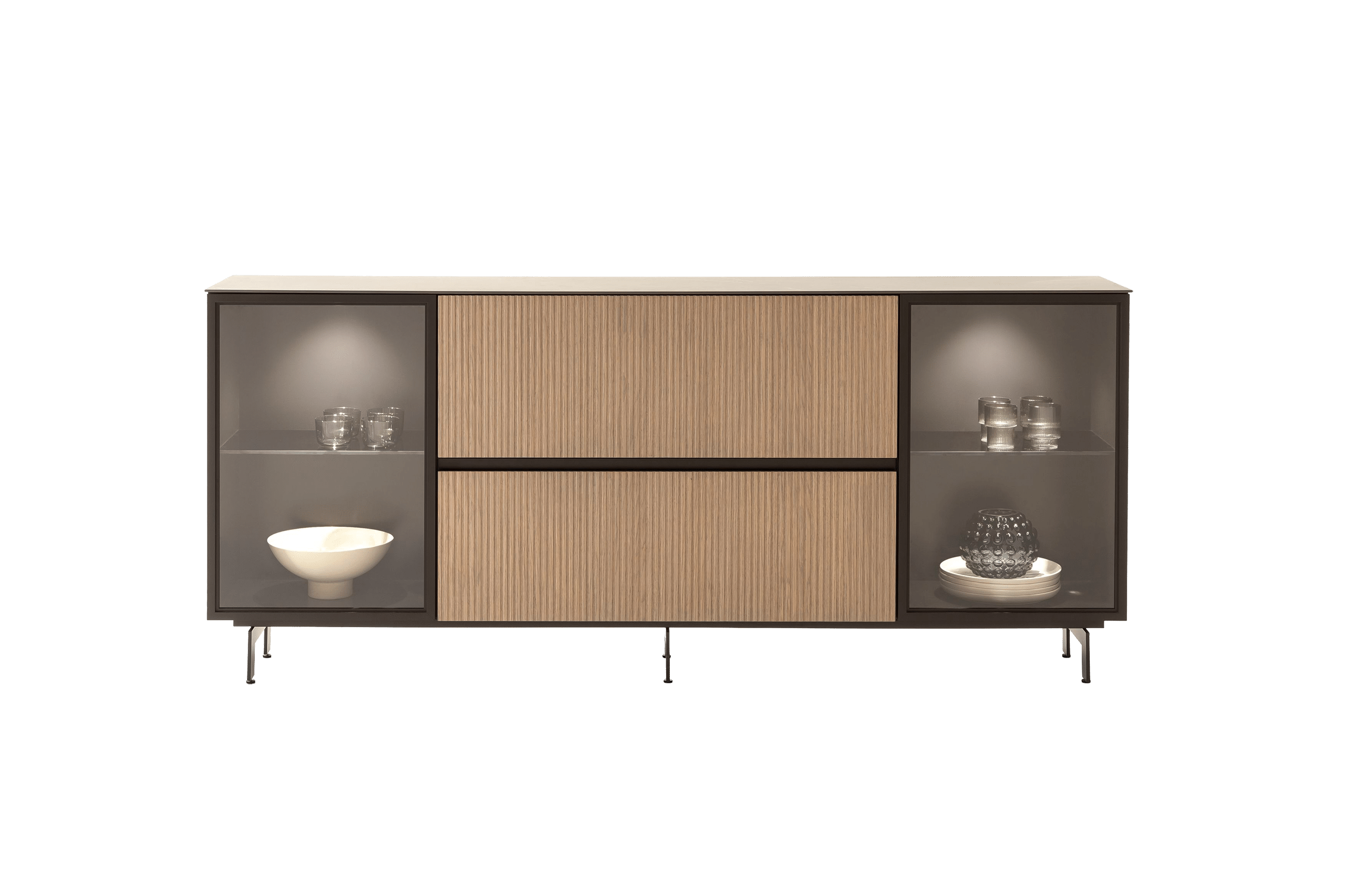 Walnut sideboard with glass display cabinets