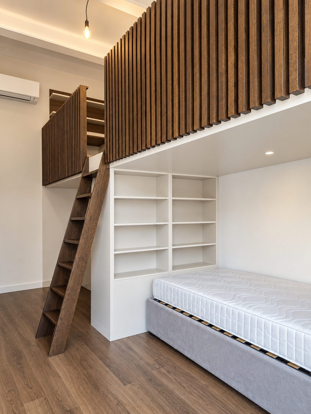 Bespoke loft bed and built-in storage designed around the space