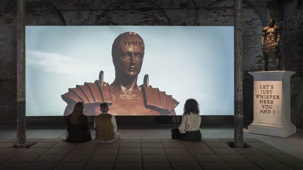 A visitor seated watching the film installation at Malta’s pavilion